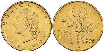 Италия 20 лир 1996 R, дубовый лист KM 97.2 алюминиевая бронза  UNC  4594-1042