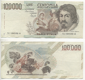 Италия 100000 лир 1983 Караваджо, фруктовый букет, подпись Speziali Pick 110b бумага 7220-12-1