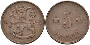 Финляндия 5 пенни 1922 KM 22 медь 96-334