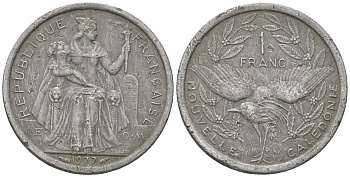 Французская Новая Каледония 1 франк 1977 птица кагу, (IEOM) KM 10, Schoen 10, Lec 40 алюминий    51-943