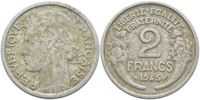 ФРАНЦИЯ 2 ФРАНКА 1945 KM 886a.1, LE FRANC 269.5 алюминий 109-1224