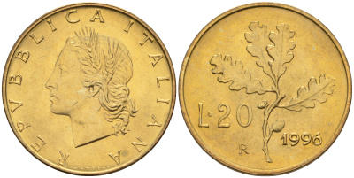 Италия 20 лир 1996 R, дубовый лист KM 97.2 алюминиевая бронза  UNC  4594-1042