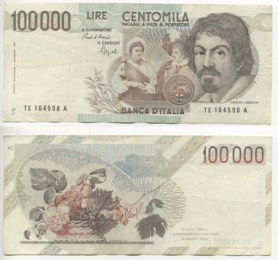 Италия 100000 лир 1983 Караваджо, фруктовый букет, подпись Speziali Pick 110b бумага 7220-12-1