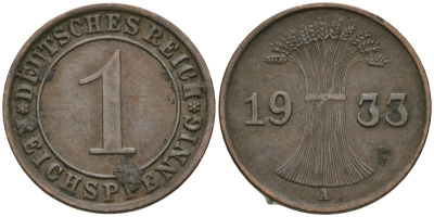 Германия 1 рейхспфенниг 1933 A KM 37, J. 313 бронза 4189-1166