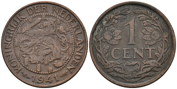 Нидерланды 1 цент 1941 Вильгельмина (1890-1948) KM 152 бронза 3458-155
