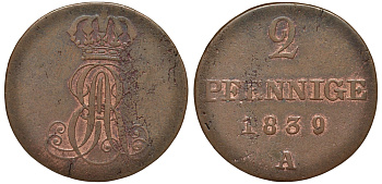 Ганновер 2 пфеннига 1839 A, Эрнст Август (1837-1851) KM 174.1, AKS 122, J. 55 медь 75-1713