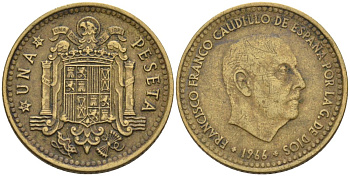 ИСПАНИЯ 1 ПЕСЕТА 1966 (70) ФРАНСИСКО ФРАНКО (1939-1975) КМ 796 алюминиевая бронза 4573-351