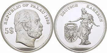 Палау 5 долларов 1999 немецкие колонии, Камерун KM 19 серебро PROOF 1077-9-51