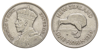 Новая Зеландия 2 шиллинга (флорин) 1934 Георг V (1910-1936), птичка киви KM 4 серебро 5010-1235