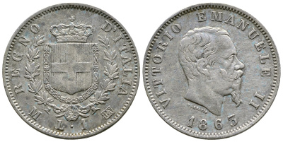 Италия 1 лира 1863 M-BN, Виктор Эммануил II KM 5a.1 серебро 51-432