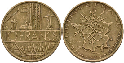 Франция 10 франков 1976 тип Матье KM 940, Le Franc 365.7-8 никель латунь 4150-823