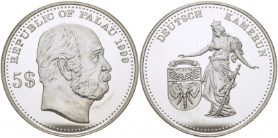 Палау 5 долларов 1999 немецкие колонии, Камерун KM 19 серебро PROOF 1077-9-51
