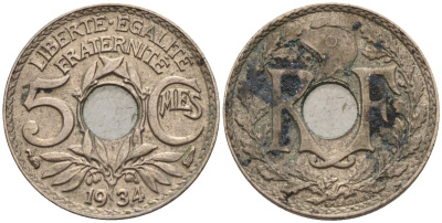 Франция 5 сантимов 1934 KM 875 медно-никель 4596-625