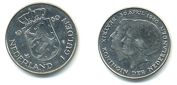 Нидерланды 1 гульден 1980 на коронацию Беатрикс, 30 апреля 1980 KM 200 никель 84-1013