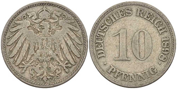 ГЕРМАНИЯ 10 ПФЕННИГОВ 1898 G KM 12, J. 13 медно-никель 4401-1025