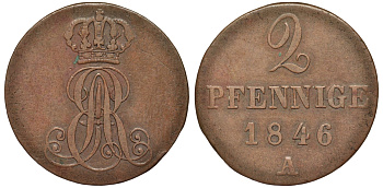 Ганновер 2 пфеннига 1846 A, Эрнст Август (1837-1851) KM 174.1, AKS 122, J. 55 медь 75-1833