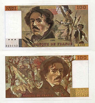 Франция 100 франков 1991 Эжен Делакруа, свобода на баррикадах, серия Z 172 Pick 154 f  бумага  UNC (пресс) 451-303-2
