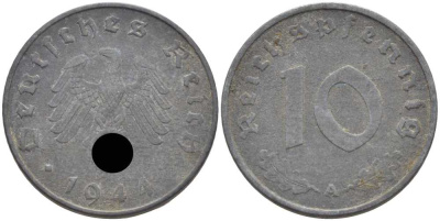 ГЕРМАНИЯ 10 РЕЙХСПФЕННИГОВ 1944 A KM 101, J. 371 цинк 4401-524
