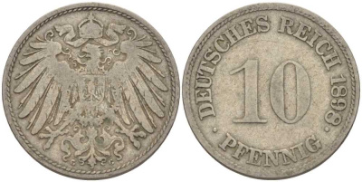 ГЕРМАНИЯ 10 ПФЕННИГОВ 1898 G KM 12, J. 13 медно-никель 4401-1025