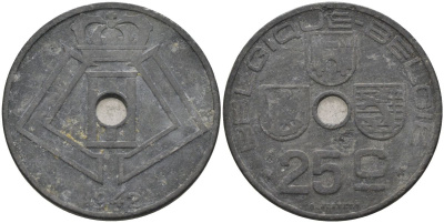 Бельгия 25 сантимов 1942 Belgique-Belgie, германская оккупация KM 131 цинк 4126-152