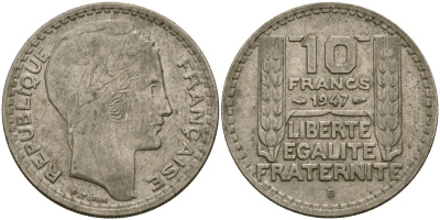 Франция 10 франков 1947 тип Пьер Турин KM 908.1, Le Franc 361.4 медно-никель 4120-1224