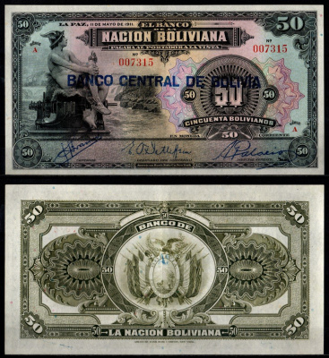 Боливия 50 боливиано 1911 (1929) Меркурий Pick 116 a бумага 451-1266-2