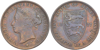 Джерси 1/12 шиллинга 1877 H, Виктория (1837-1901) KM 8 бронза 4517-1016