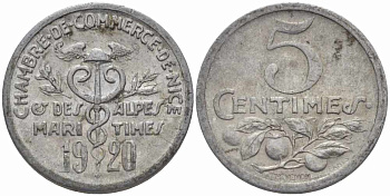 ФРАНЦИЯ 5 САНТИМОВ 1920 НИЦЦА, ТОКЕН, НОТГЕЛЬД алюминий 105-349
