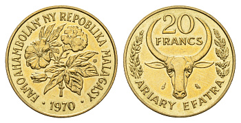 Мадагаскар 20 франков 1970 KM 12 алюминиевая бронза UNC 4678-1034
