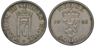 Норвегия 50 эре 1956 Хокон VII (1905-1957) KM 402 медно-никель 4128-1125