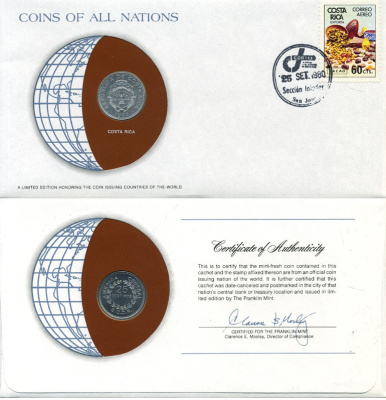 Коста-Рика 25 сентимо 1982  конверт с маркой первого дня гашения, Coins of Nations KM 188.1b алюминий UNC 4294-56-2