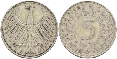 ФРГ 5 марок 1951 D, KM 112.1, J.387 серебро 4565-122
