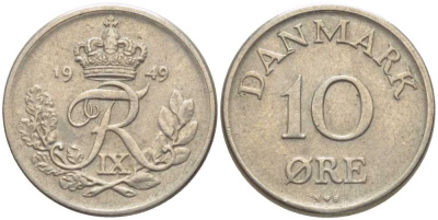 ДАНИЯ 10 ЭРЕ 1949 N;S, ФРЕДЕРИК IX (1947-1972) KM 841,1 медно-никель 201-1169