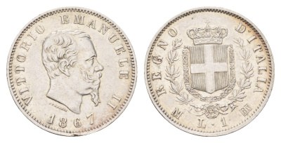 Италия 1 лира 1867 M, Виктор Эммануил II (1861-1878) KM 5a.1 серебро 272-1324
