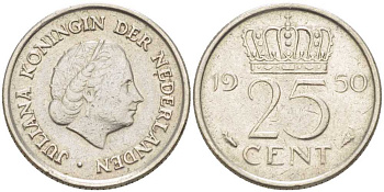 НИДЕРЛАНДЫ 25 ЦЕНТОВ 1950 ЮЛИАНА (1948-1980) KM 183 никель 214-915