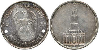 ГЕРМАНИЯ 5 РЕЙХСМАРОК 1935 J, КИРХА KM 83, J. 357 серебро 1515-1632