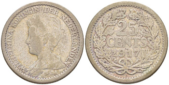 Нидерланды 25 центов 1917 Вильгельмина (1890-1948) KM 146 серебро 4548-845