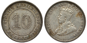 Стрейтс-Сетлментс 10 центов 1927 Георг V (1910-1936) КМ 29b серебро 53-626