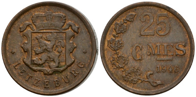 Люксембург 25 сантимов 1946 Шарлотта (1918-1964) KM 45 бронза 4532-143