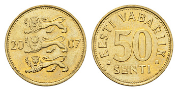 Эстония 50 сентов 2007 KM 24 латунь UNC 4689-743