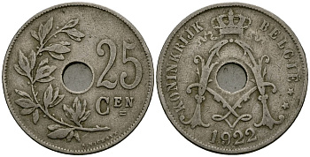 Бельгия 25 сантимов 1922 Belgie KM 69 медно-никель 4165-826