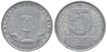 ГДР 5 ПФЕННИГОВ 1968 A KM 9.1 алюминий 62-127