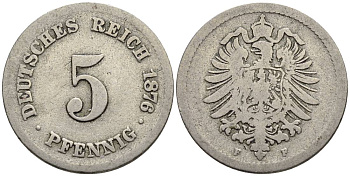 ГЕРМАНИЯ 5 ПФЕННИГОВ 1876 F, СТАРОГЕРБОВКА KM 3, Jager 3, Weege 5 медно-никель 4546-1046