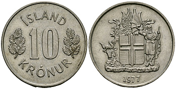 Исландия 10 крон 1977 KM 15 медно-никель 4138-736