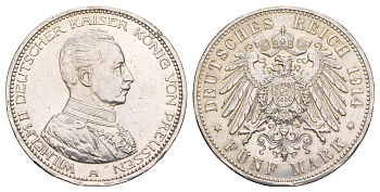 Пруссия 5 марок 1914 A, Вильгельм II (1888-1918) KM 536, J. 114, Weege 114 серебро aUNC 1520-835