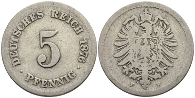 ГЕРМАНИЯ 5 ПФЕННИГОВ 1876 F, СТАРОГЕРБОВКА KM 3, Jager 3, Weege 5 медно-никель 4546-1046