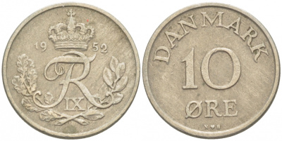 ДАНИЯ 10 ЭРЕ 1952 N; S, ФРЕДЕРИК IX (1947-1972) KM 841.1 медно-никель 3718-338