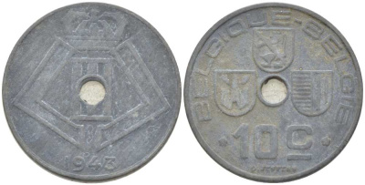 БЕЛЬГИЯ 10 САНТИМОВ 1943 BELGIQUE-BELGIE, ГЕРМАНСКАЯ ОККУПАЦИЯ, ВТОРАЯ МИРОВАЯ ВОЙНА KM 125 цинк 217-127