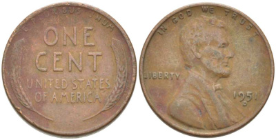 США 1 ЦЕНТ 1951 D, ЛИНКОЛЬН KM А132 медь цинк 218-555