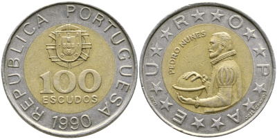 Португалия 100 эскудо 1990 Педру Нуниш (1502-1578), математик KM 645.1 биметалл 4388-447